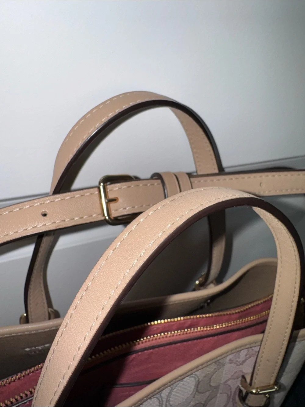 COACH Heritage Signature Horse Stripe Tote Pink & Beige